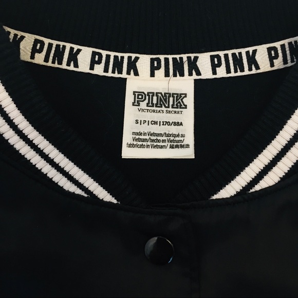 PINK Black Satin Bomber Jacket Coat Love Pink Logo - Picture 11 of 14